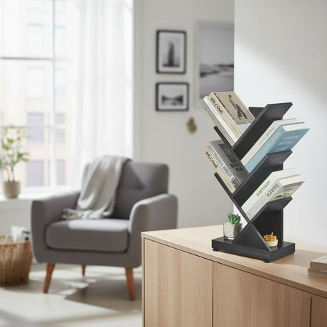 ruboka 5-Shelf Tree Bookshelf, 5 Tier Floor Standing Bookcase for CDs/Magazine/Books, Small Book Organizer for Bedroom, Living Room, Office,Balcony,Retro Storage Shelve ruboka