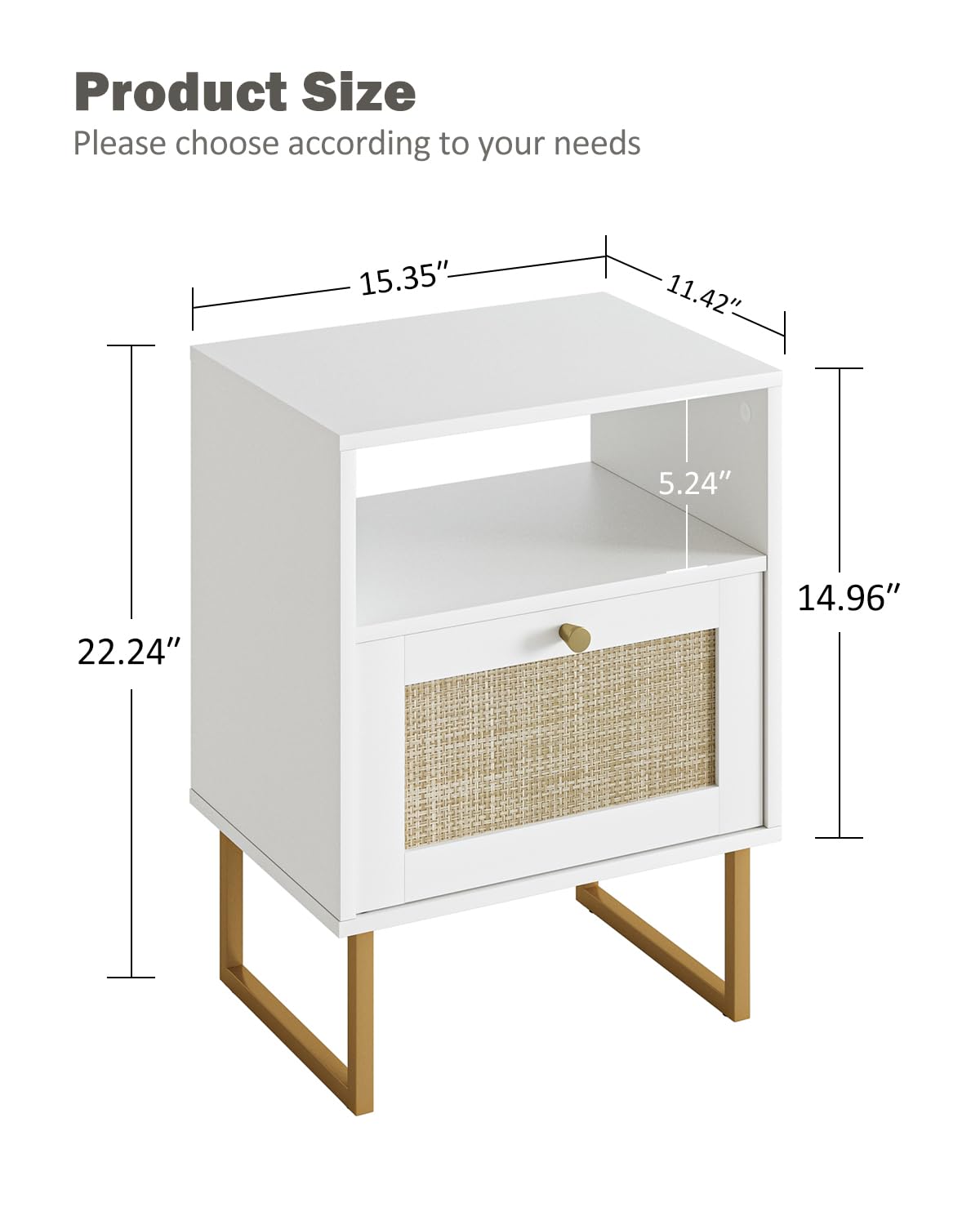Apetaccat Rattan Nightstand, Boho Night Stand Farmhouse Wood Bedside Table with Storage and Open Shelf, End Side Accent Table for Bedroom,Living Room,White Apetaccat