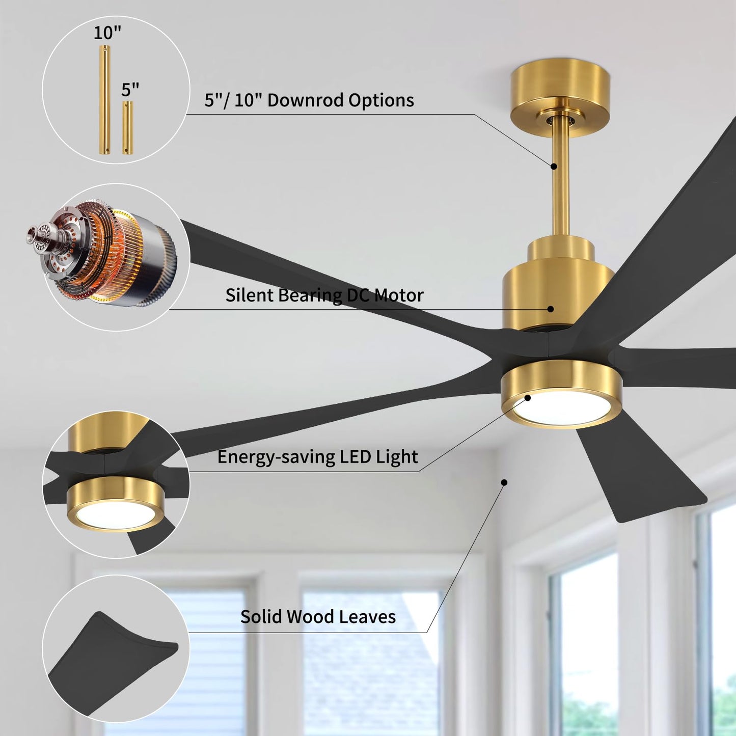 Solid Wood Ceiling Fans DC Motor with Light and Remote Control, 60 Inch Natural Wood Ceiling Fan 5 Blades Waterproof, 6-Speed Reversible Indoor Outdoor Ceiling Fans for Patio, Bedroom, Living Room