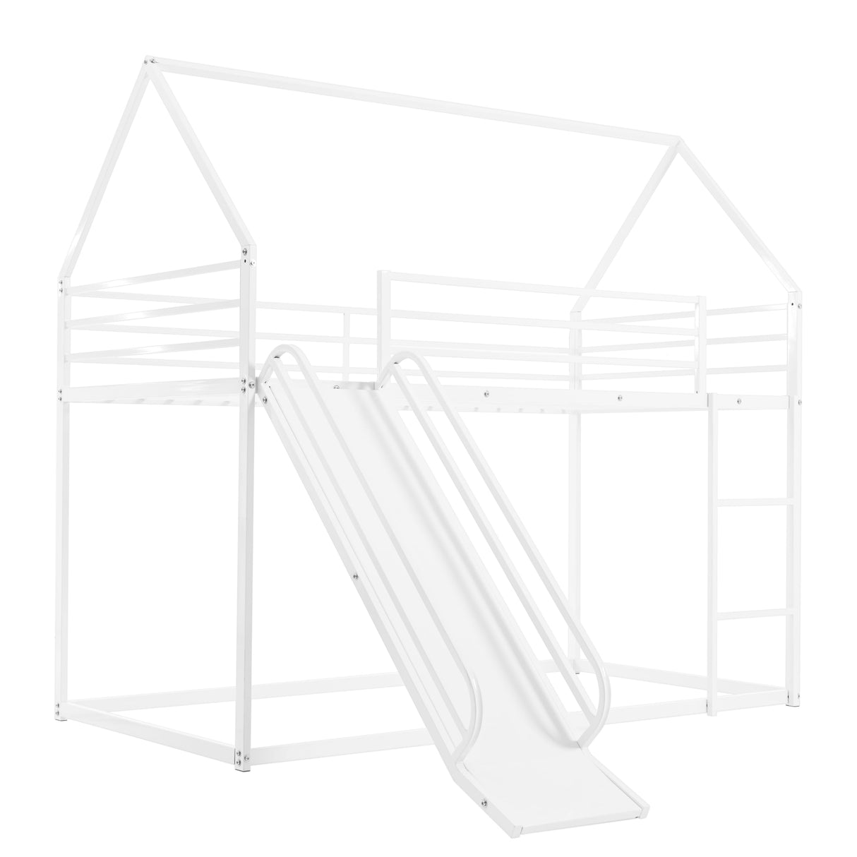 AEMSOFK Twin Over Twin Metal Floor Bunk Bed with Slide,Metal Junior House Twin Size House Bunk Bed Frame with Ladder & Roof for Boy Girl, No Box Spring Needed,Low Bunk Bed Frame with Convertible Slide AEMSOFK