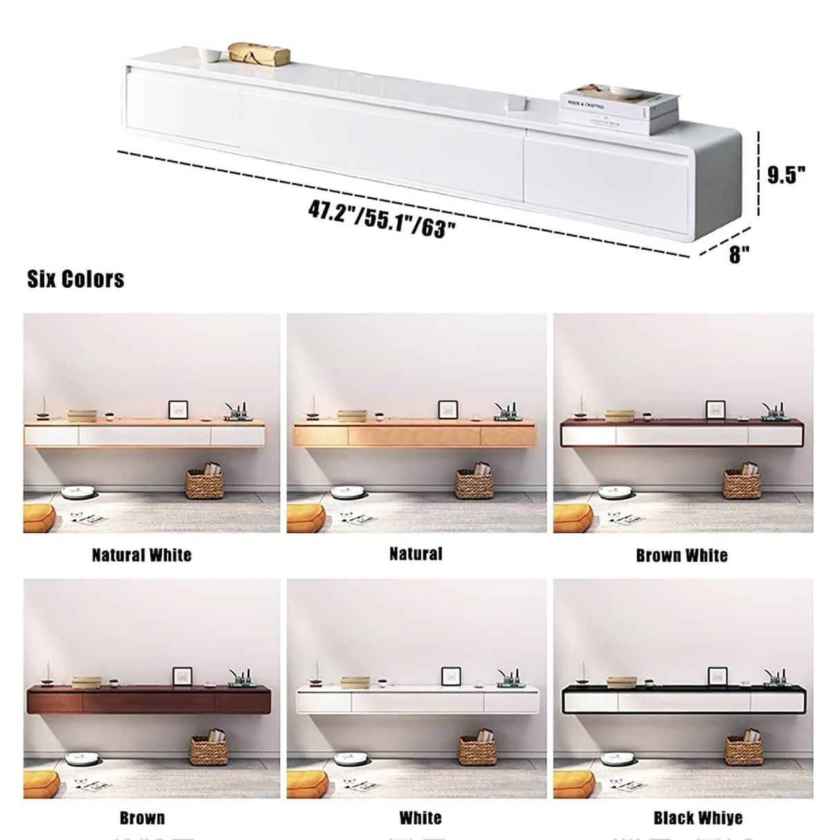 Solid Wood Floating Tv Stand Shelf With 3 Drawers,Wooden Floating Tv Cabinet,Wall Mounted Entertainment Center Floating Media Console,Suitable For Living Room, Bedroom(Brown,63"W x 8"D x 9.5"H) WOLWES