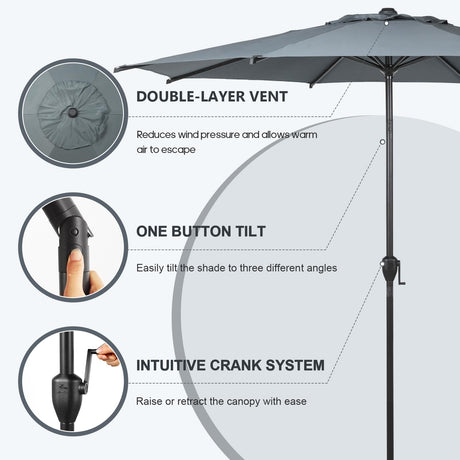 Abba Patio 9FT Lyon Outdoor Patio Umbrella Outdoor Table Umbrella with Push Button Tilt and Crank Market Umbrella 8 Sturdy Ribs UV Protection Waterproof for Garden Deck Backyard Pool Grey Abba Patio