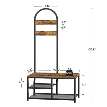 YATINEY Coat Rack, Hall Tree with Entryway Bench, 3-in-1 Hall Tree with Bench, Shoe Storage and Hooks, Entryway Bench with Coat Rack Stand, for Entrance, Hallway, Rustic Brown and Black MT04BR