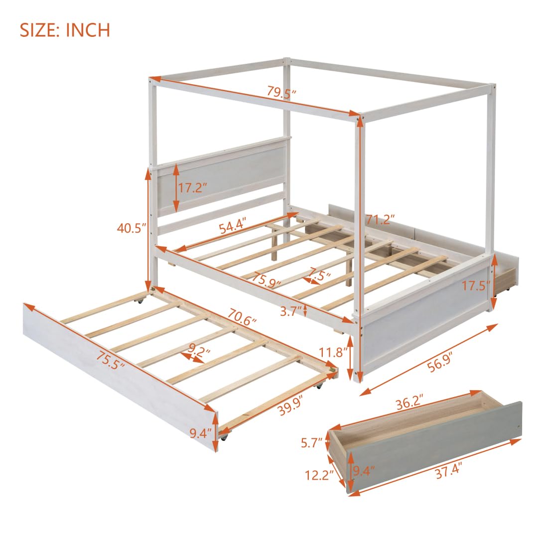 Akiyito Full Wood Canopy Bed with Trundle and 2 Drawers,Platform Bed with Support Slats,Built-in Headboard,No Box Spring Needed,for Kids Adults,Brushed White