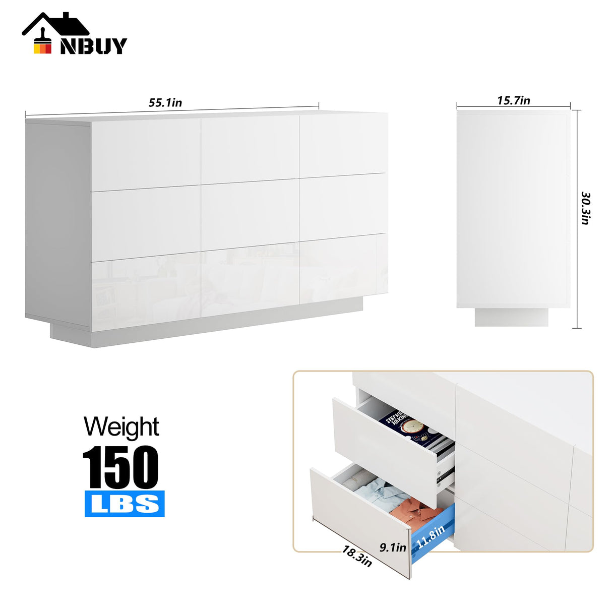 Anbuy LED 9 Drawer Dresser, White Modern Dressers with High Gloss Drawers Dual Chest of Drawers Dresser with Lights for Bedroom (White) Anbuy
