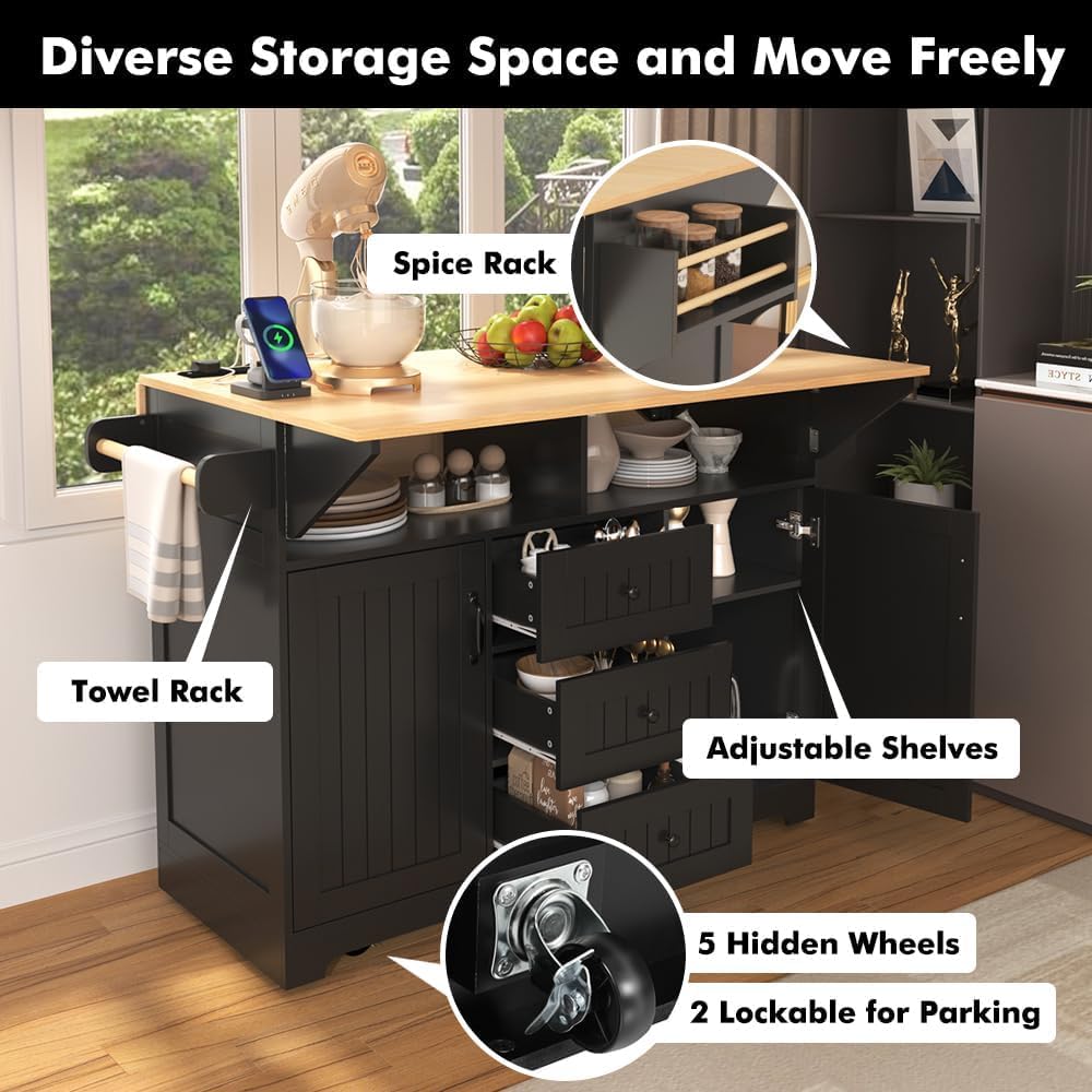 eodme Kitchen Island with 2 Drop Leaf, Home Cart Island on Wheels Foldable Dining Table with Power Outlets,3 Drawers,Storage Cabinet, Tower Rack(Black) eodme