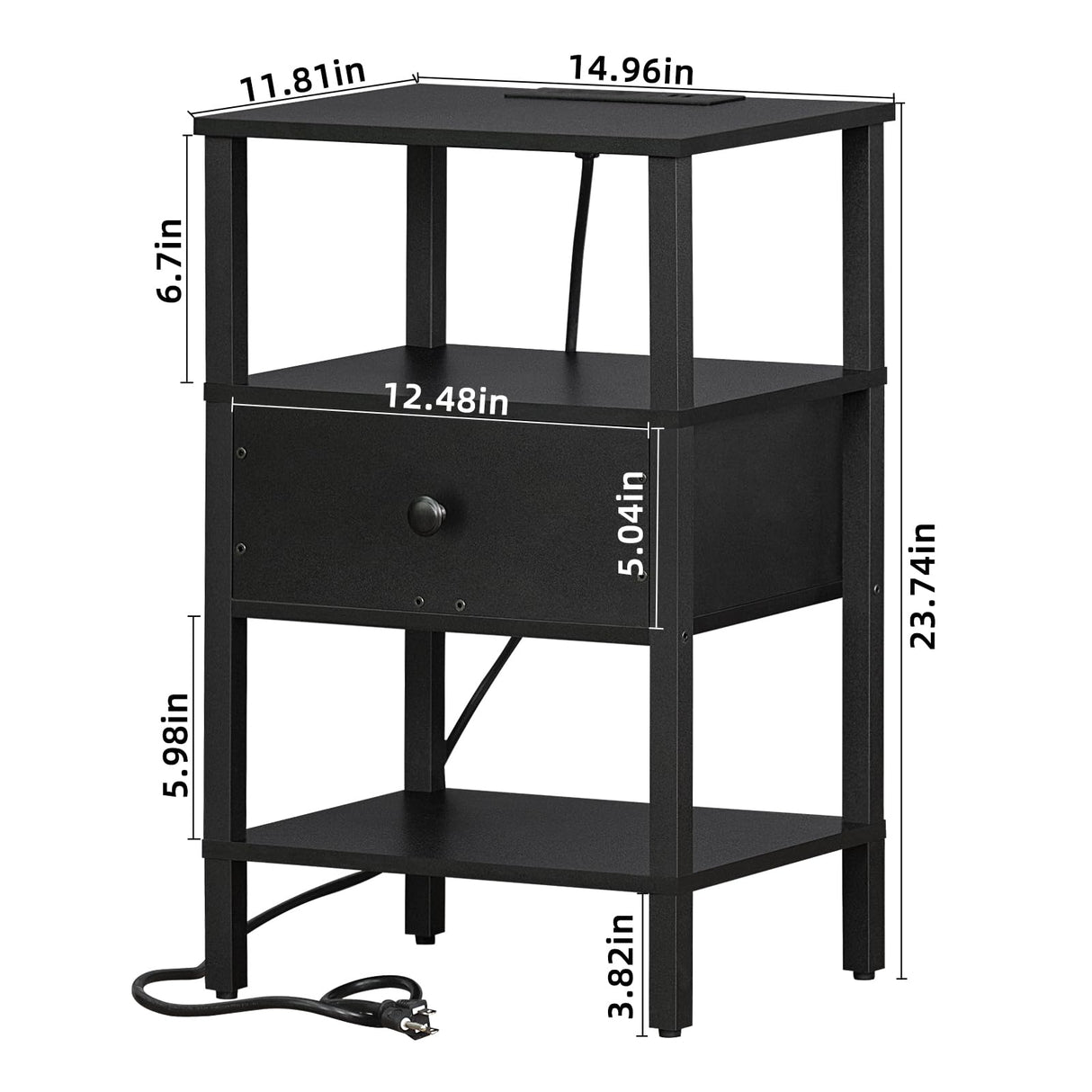 Lerliuo Nightstand with Charging Station and USB Ports, 3-Tier Storage End Table with Drawer Shelf, Night Stand for Small Spaces, Wood Bed Side Table for Living Room, Bedroom - Classic Black Lerliuo