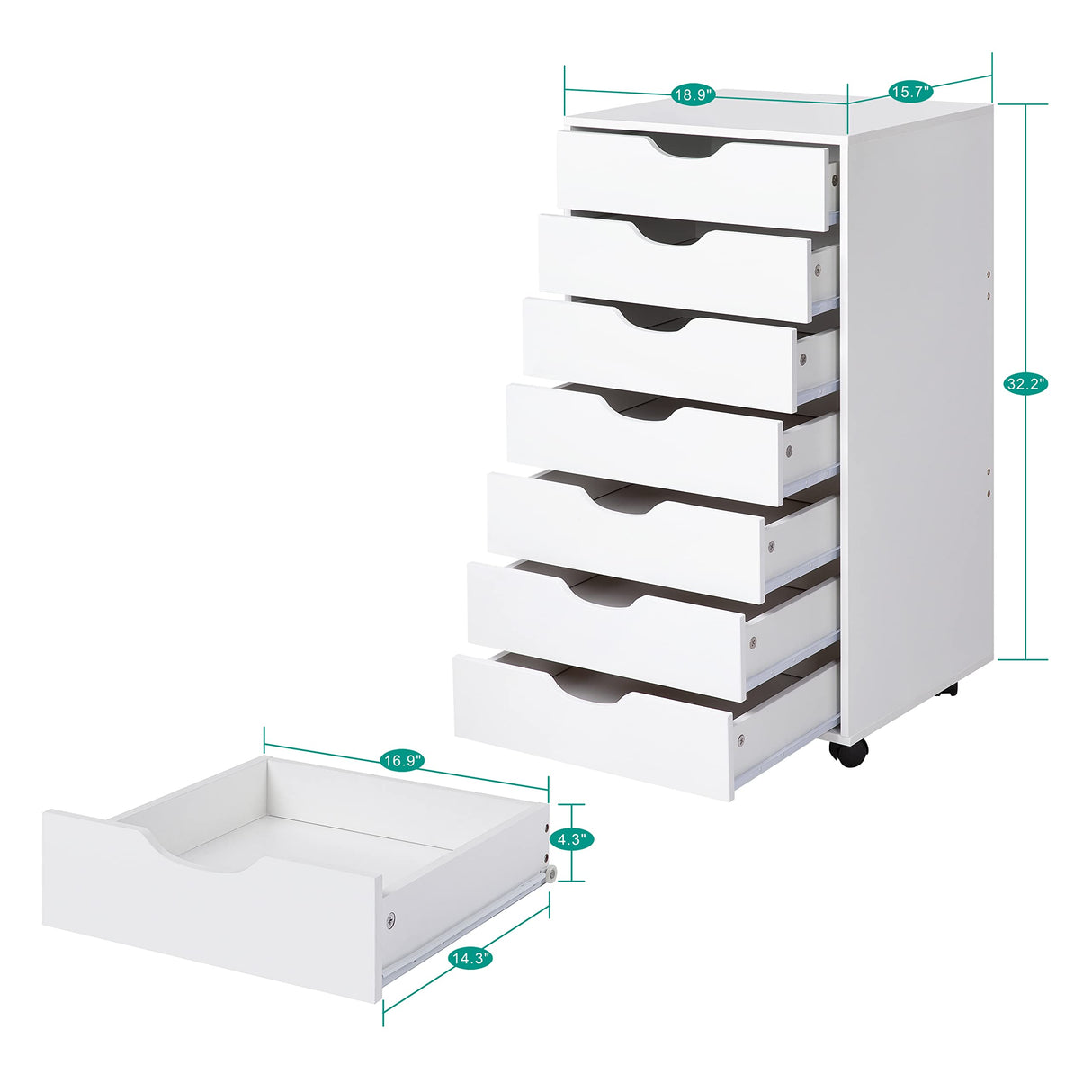 Naomi Home 7 Drawer Dresser for Bedroom, Stylish Tall Dressers with Wheels, Storage Shelves, Small Dresser for Closet, Makeup Dresser with 180 lbs Capacity - White Naomi Home