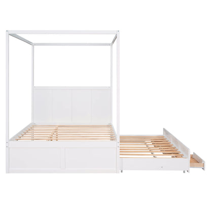 LZ LEISURE ZONE Queen Canopy Platform Bed with Trundle and Storage Drawers in White - WoodArtSupply