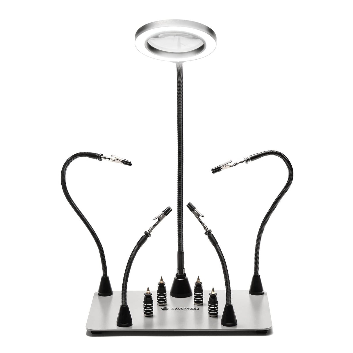 SainSmart Magnetic Helping Hands Soldering Station with an 11.1 x 7.1 Inch Larger Base, 5X LED Magnifying Lamp, 4 PCB Circuit Board Holder & 4 Flexible Magnetic Helping Hands SainSmart