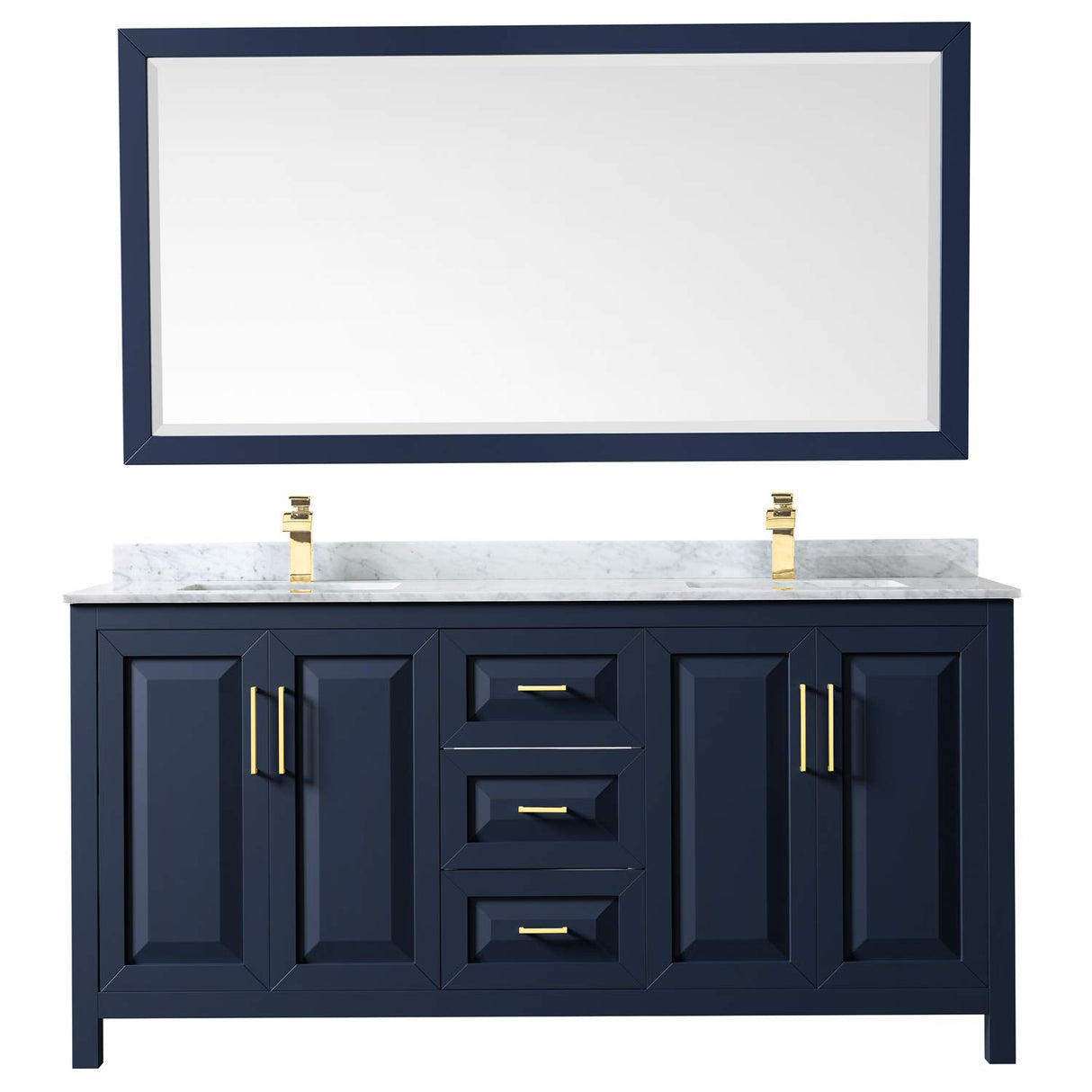 Daria 72 Inch Double Bathroom Vanity in Dark Blue, White Carrara Marble Countertop, Undermount Square Sinks, 70 Inch Mirror Wyndham Collection