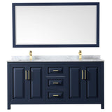 Daria 72 Inch Double Bathroom Vanity in Dark Blue, White Carrara Marble Countertop, Undermount Square Sinks, 70 Inch Mirror Wyndham Collection