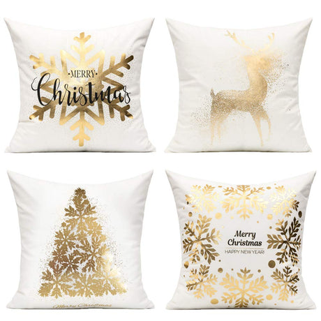 All Smiles White Gold Christmas Decorations Throw Pillow Covers 18X18 Set of 4 Winter Xmas Navidad Home Holiday Décor Velvet Cushion Cases for Sofa Tree Snowflake Reindeer All Smiles