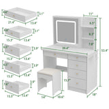 AIEGLE Large Vanity Desk Set with Sliding Lighted Mirror & Build-in Power Strip, 3 Colors LED Lighted Makeup Vanity Drawer Dressing Table with Hair Dryer Rack & Cushioned Stool, White - Power Strip AIEGLE