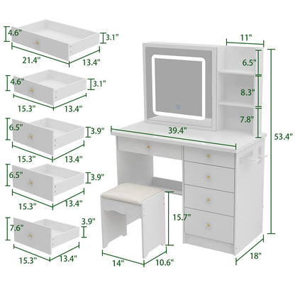 AIEGLE Large Vanity Desk Set with Sliding Lighted Mirror & Build-in Power Strip, 3 Colors LED Lighted Makeup Vanity Drawer Dressing Table with Hair Dryer Rack & Cushioned Stool, White - Power Strip