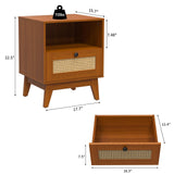 Ryvorbe Modern Rattan Nightstand Wood Side Table with Natural Rattan Drawer- Boho Nightstand with Solid Wood Legs for Bedroom, Living Room and Small Spaces Ryvorbe
