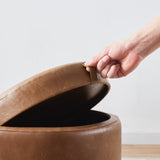 Ornavo Home Lawrence Round Storage Ottoman with Lift Off Lid and Tray Lid Coffee Table, Ottoman with Storage for Living Room, Bedroom and Office, Faux Leather Mocha Ornavo Home