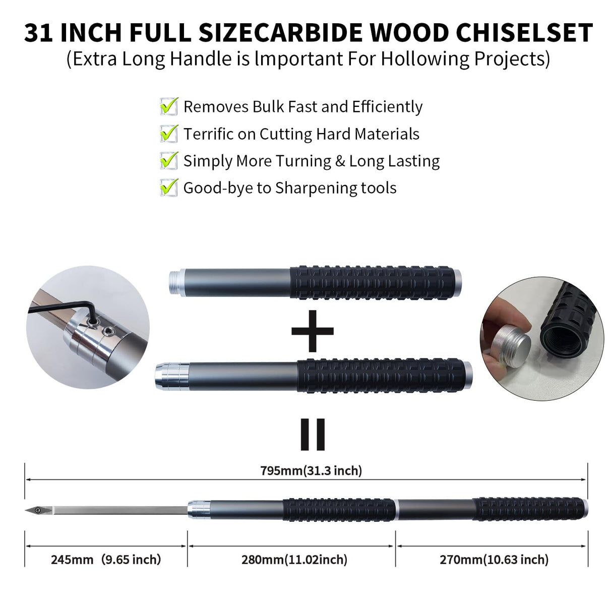 RUITOOL Carbide Wood Lathe Turning Tools Set with Bowl Sander, Including Swan Neck Hollower, Rougher, Finisher, Detailer, 1" & 2" Mandrels, Sandpapers and Aluminum Alloy Handles for Woodturning RUITOOL
