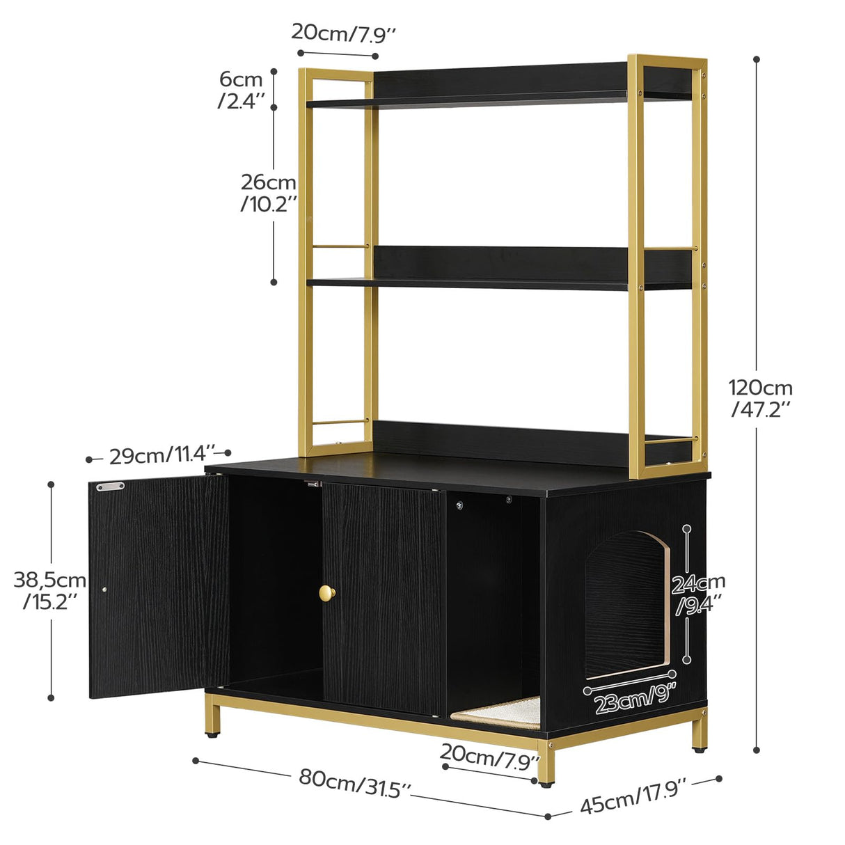 HOOBRO Large Cat Litter Box Enclosure with 2 Storage Shelves, Wooden Litter Box Furniture, Hidden Litter Box Furnitue with Scratching Pad, Sturdy and Solid, 31.5"L x 17.9"W x 47.2"H, Black BD82MW01 HOOBRO