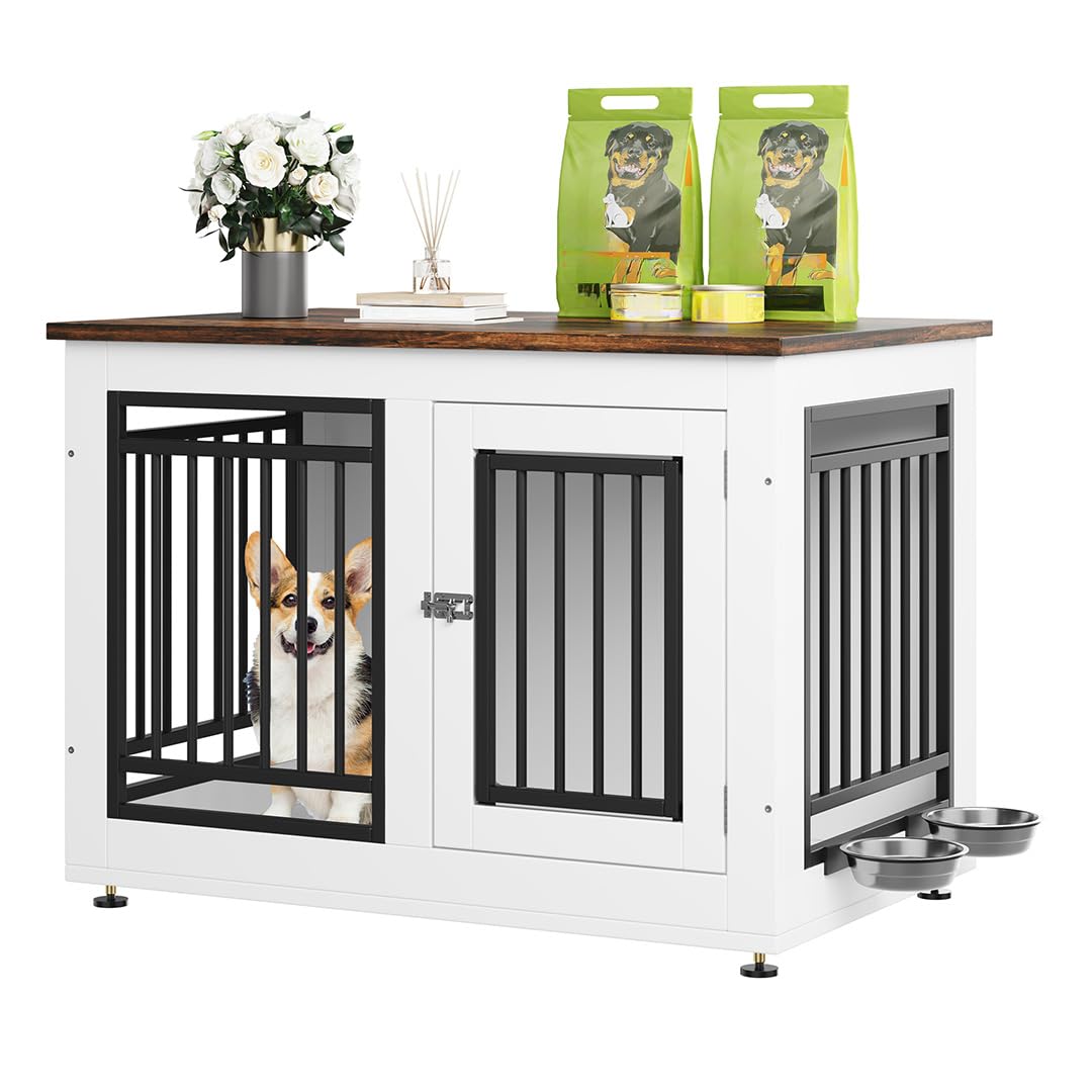 YITAHOME 35" Dog Crate Furniture, Wooden Side End Table with Adjustable Feet and Removable Bowls, Dog Kennel Indoor for Small Medium DogsV YITAHOME