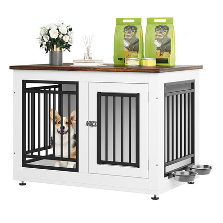 YITAHOME 35" Dog Crate Furniture, Wooden Side End Table with Adjustable Feet and Removable Bowls, Dog Kennel Indoor for Small Medium DogsV YITAHOME