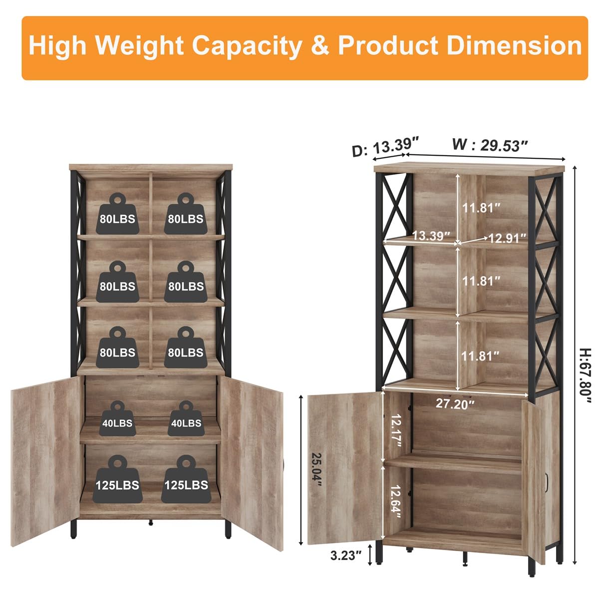 Rustic Oak FATORRI Tall Bookcase with Doors and 6 Cube Organiser for Living Room FATORRI