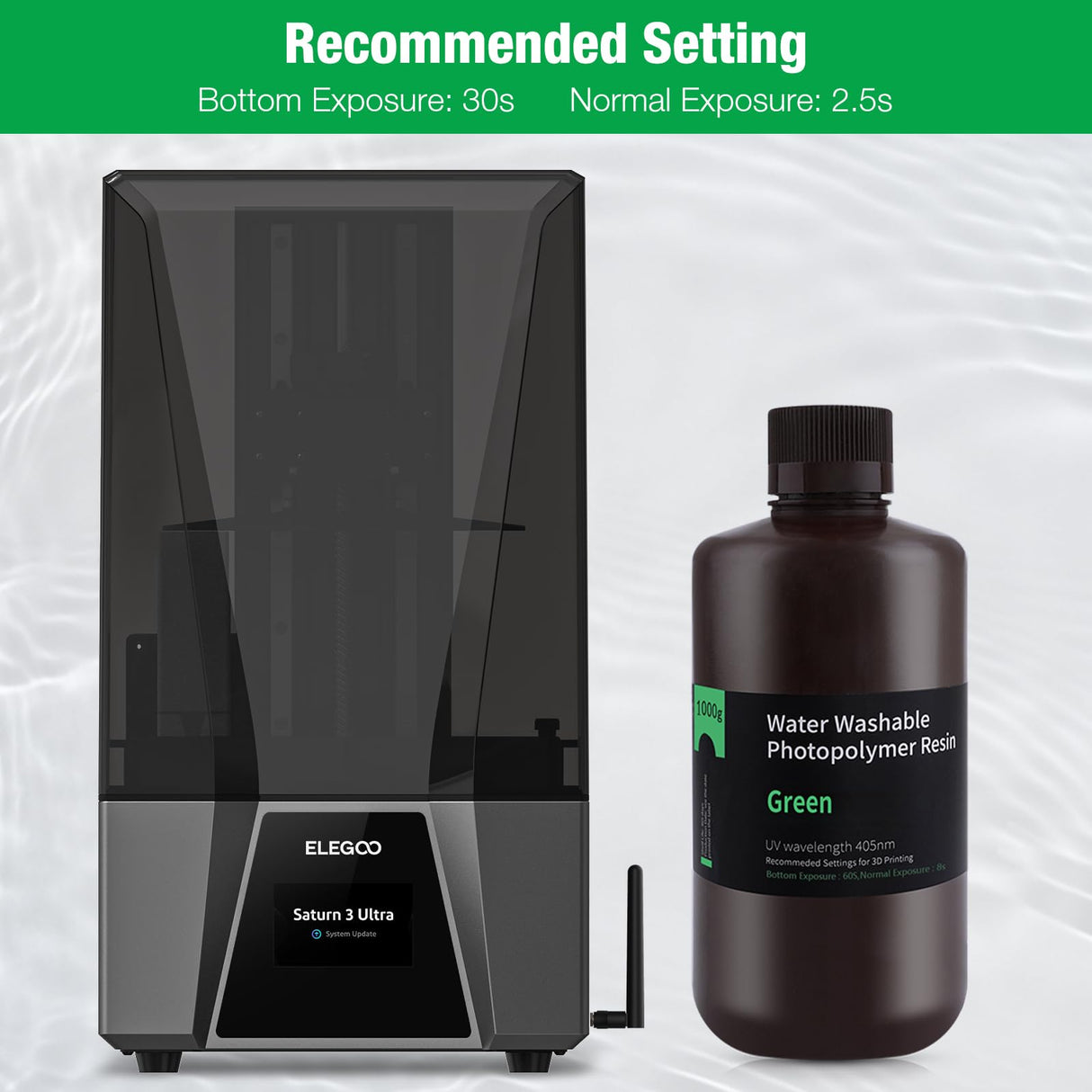 ELEGOO Water Washable 3D Printer Resin, 405nm Rapid UV Curing Standard Photopolymer Resin, Easy to Clean, High Precision 3D Water Wash Resin for LCD/MSLA/DLP 3D Printer Printing, Clear Green 1000G Deeplee