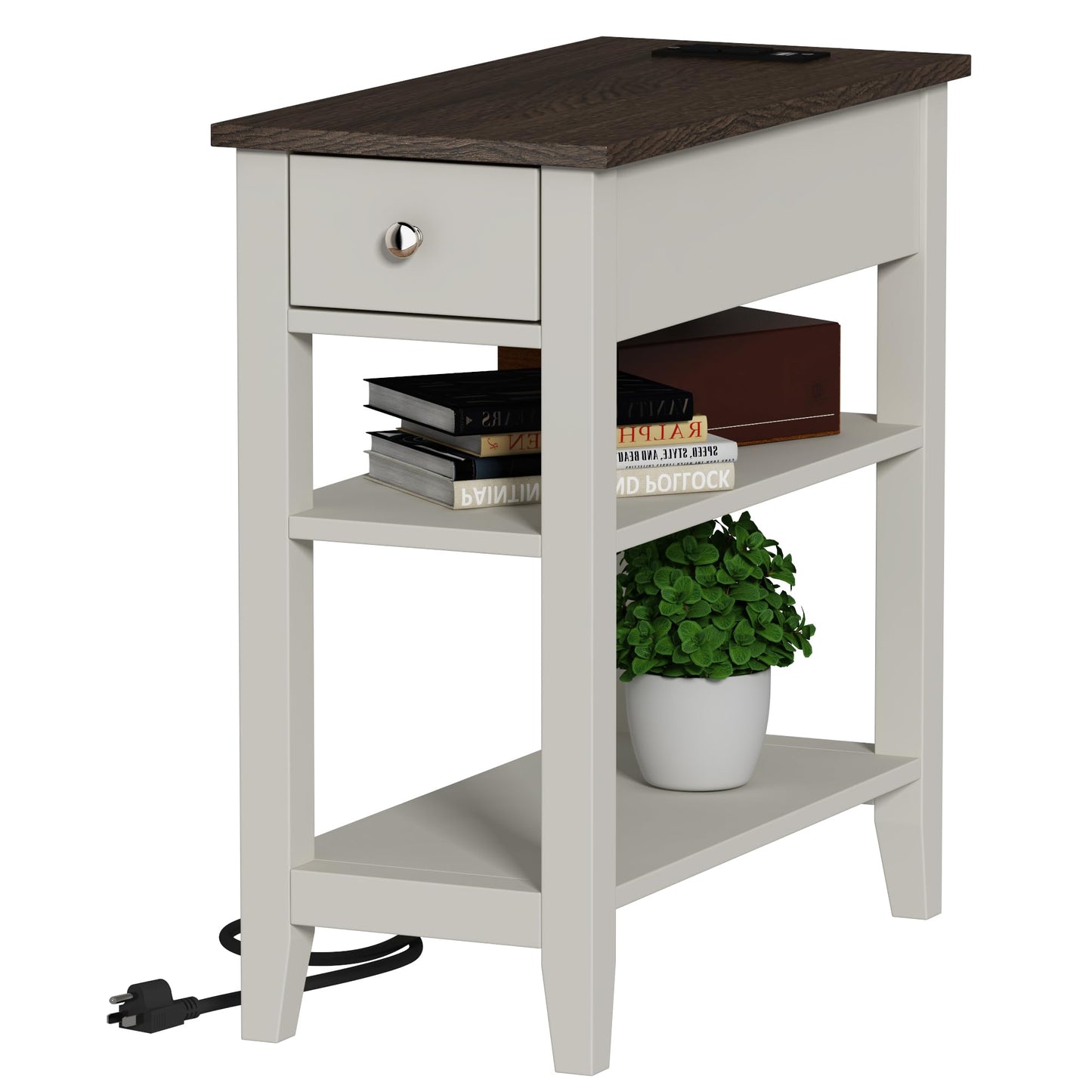 ChooChoo Farmhouse End Table with Charging Station, Narrow Side Table Living Room with USB Ports & Power Outlets and Hidden Drawer,White and Brown