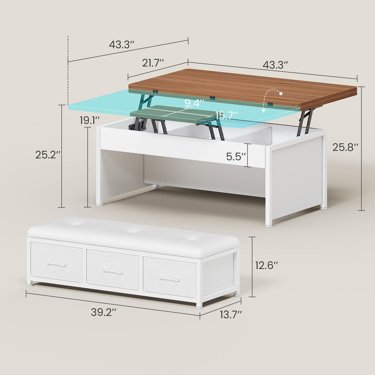 Itaar Lift Top Coffee Table Set, 43'' Multi-Function Coffee Table with Storage Drawers and Hidden Compartment, Center Table with Ottoman Bench for Living Room, White Itaar