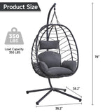 ONBRILL Hanging Egg Chair with Stand, Outdoor Indoor Egg Swing Chair with Cushion Headrest, Wicker Rattan Egg Chair with Dual Chains, 350LBS Capacity for Patio, Porch, Balcony, Bedroom (Dark Gray) ONBRILL