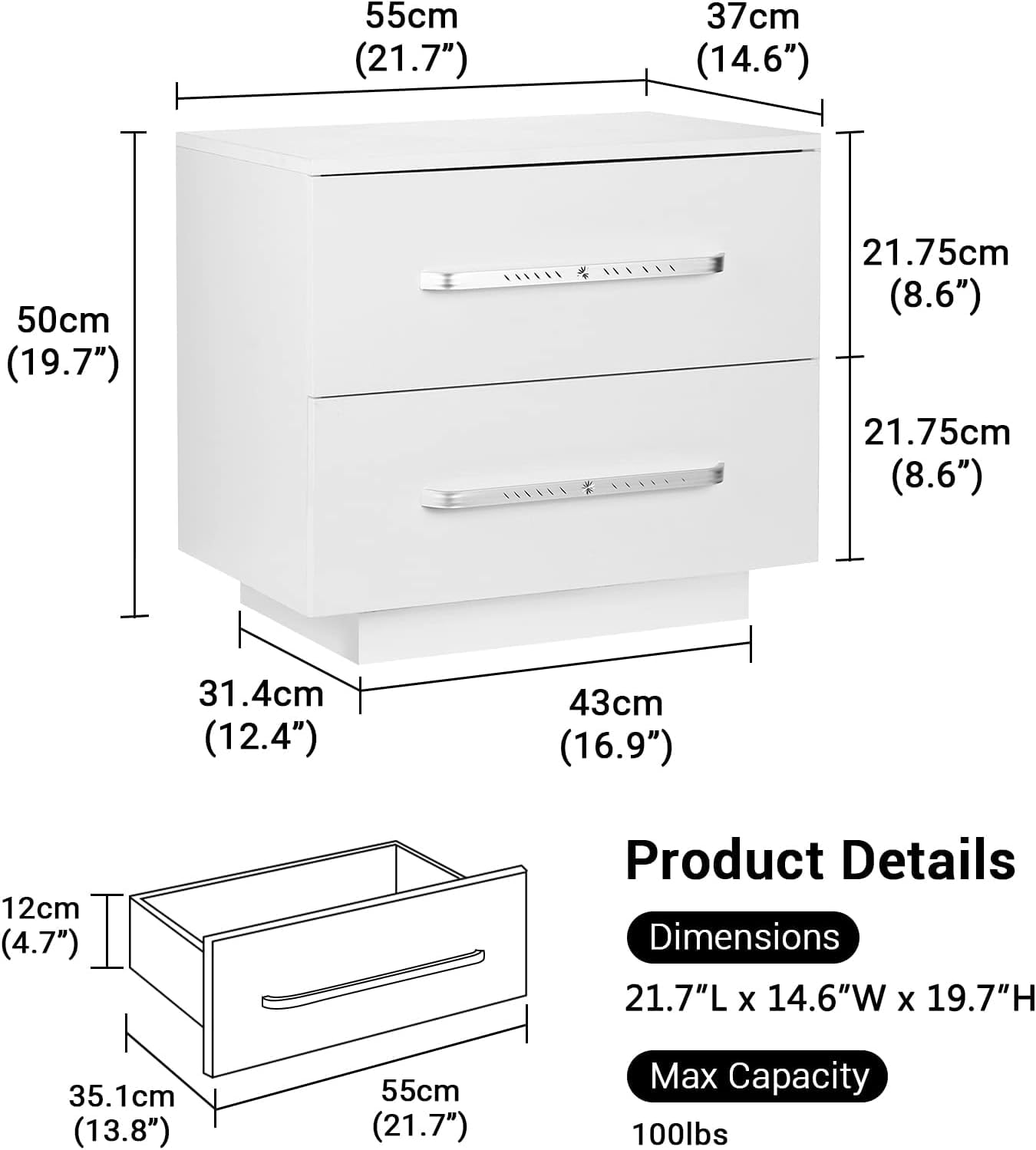 HOMMPA Small LED Nightstand Set of 2 White Nightstand with LED Light Modern Matte LED Bedside Table Night Stand with High Gloss Drawers for Bedroom Nightstand Furniture Set 19.7" Tall - WoodArtSupply