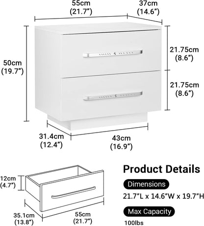 HOMMPA Small LED Nightstand Set of 2 White Nightstand with LED Light Modern Matte LED Bedside Table Night Stand with High Gloss Drawers for Bedroom Nightstand Furniture Set 19.7" Tall - WoodArtSupply