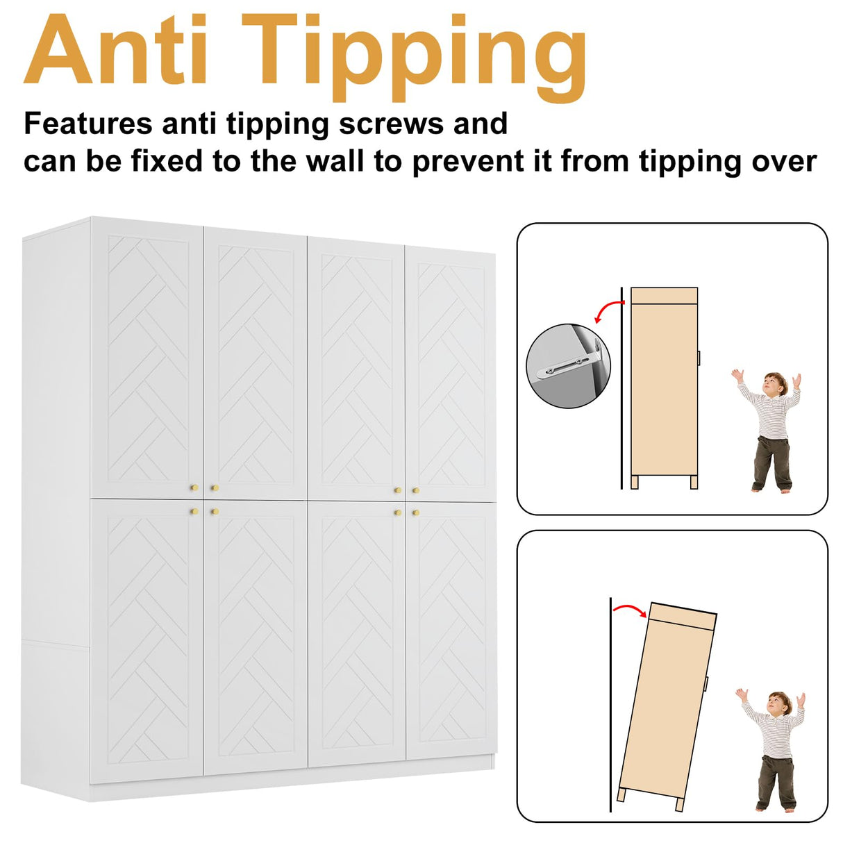 Armoire Wardrobe Closet with 4 Doors, 78" Clothing Storage Cabinet with Hanging Rod Shelf and Drawers, Wooden Freestanding Bedroom Armoires for Bedroom, Living Room, White vinform