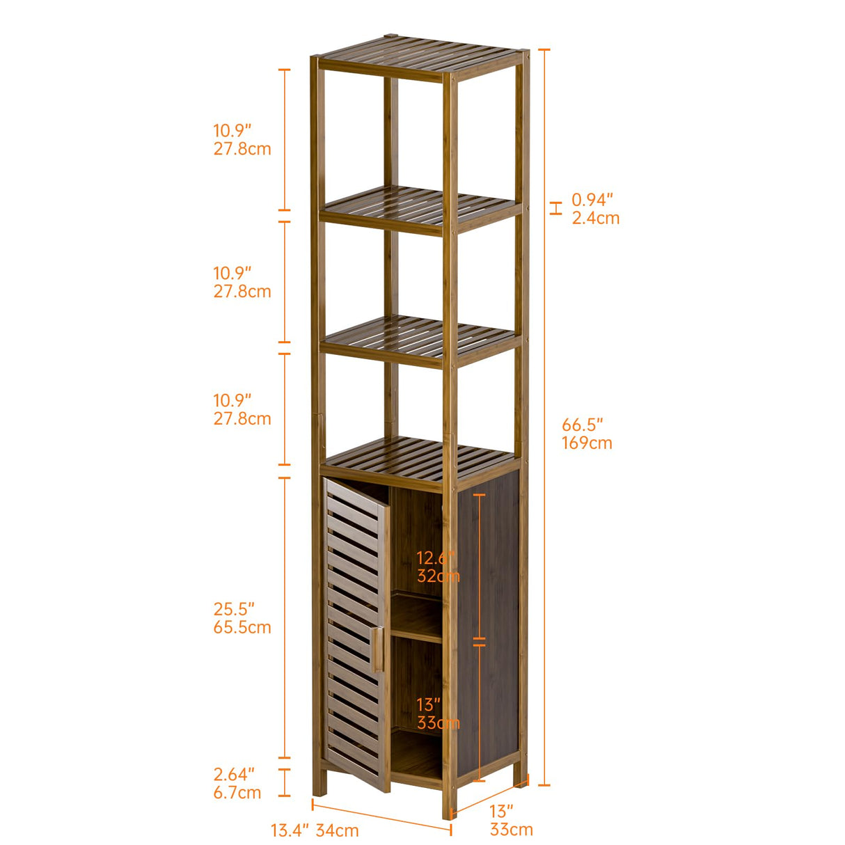 HITNET Bathroom Cabinet, Bamboo Floor Cabinet Freestanding Narrow Storage Unit with Removable Shelves, 6 Tier Tall Cabinet, Walnut HITNET