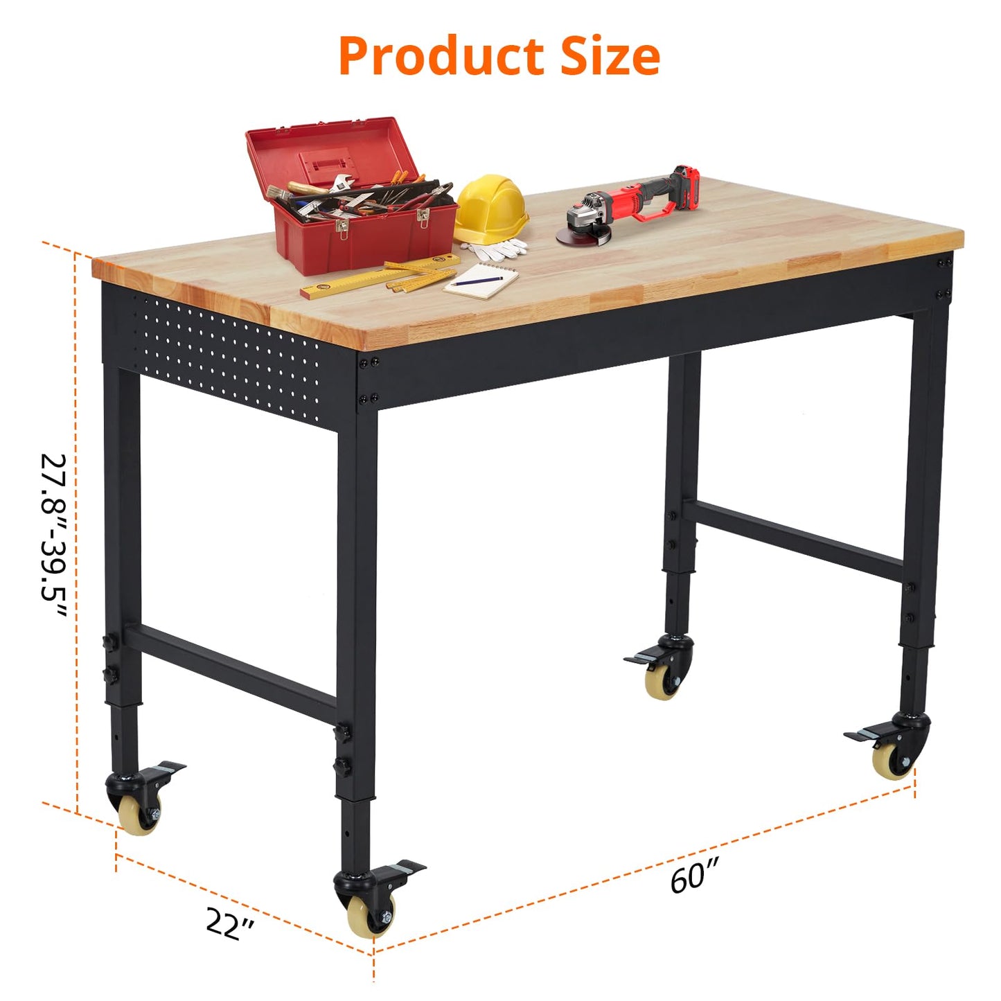 ACONEE Adjustable Workbench for Garage, 60" x 20" Heavy-Duty Rubber Wood Shop Table with Power Outlets & Wheels, 2000 LBS Load Capacity, Hardwood Workstation for Workshop, Garage, Office, Com - WoodArtSupply