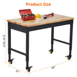 60"x 22" Workbench for Garage, Rolling Heavy-Duty Worktable with Power Outlet and Lockable Wheels, Adjustable Height Rubber Wood Top Shop Table for Workshop, 2000LBS Load Capacity ElfinAura