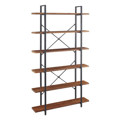 HSH Distressed Brown Solid Wood 6-Tier Industrial Bookcase with Sturdy Metal Frame - WoodArtSupply