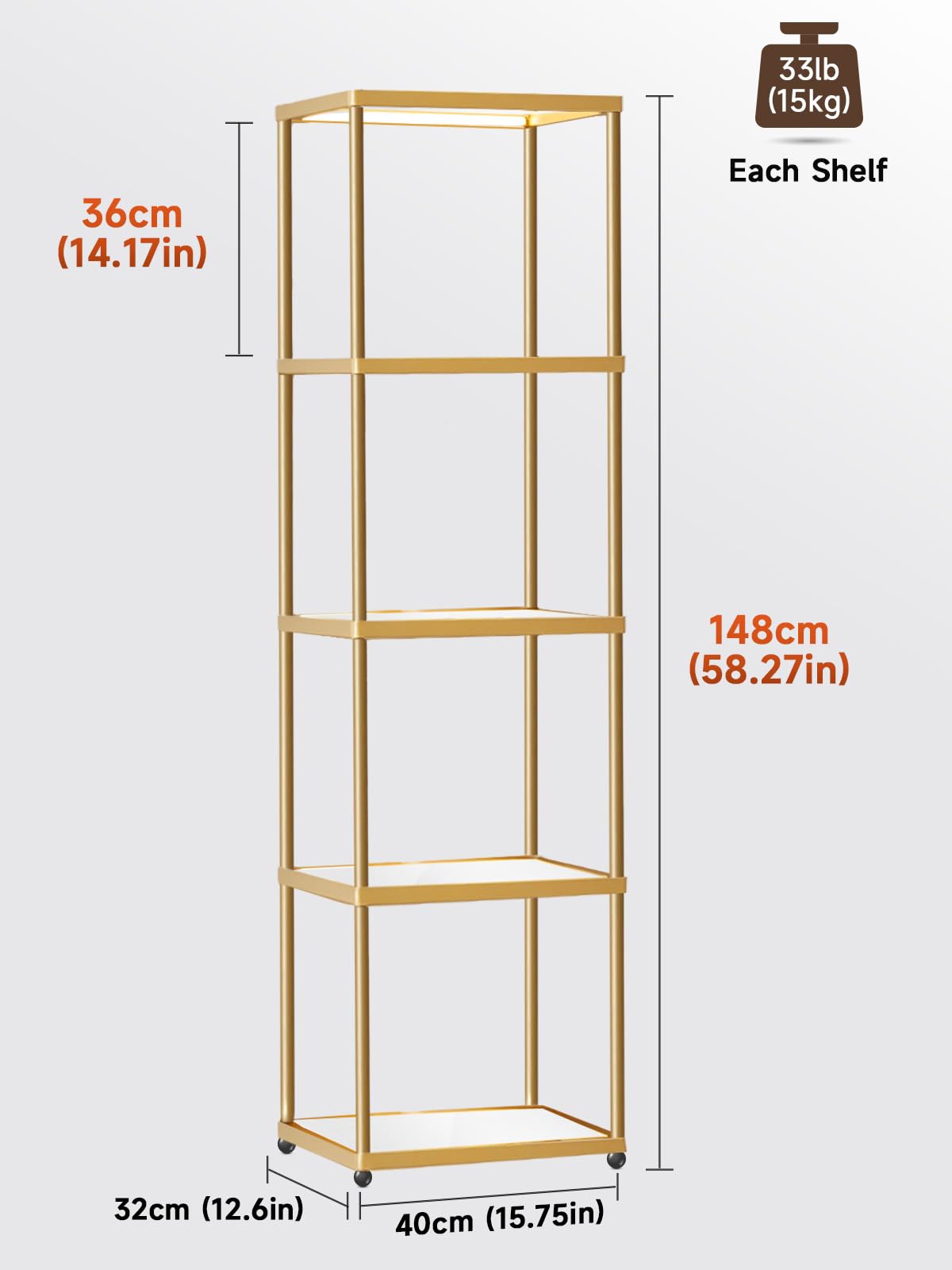 MANBUR Display Shelf with Dimmable LED Floor Lamp, Display Cabinet with Glass Bookcase, Home Decor, Bedroom Decor, Bookshelf with Light, Open Book Shelf with 5-Tier Shelf for Living Room Decor Gold MANBUR
