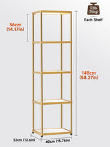 MANBUR Display Shelf with Dimmable LED Floor Lamp, Display Cabinet with Glass Bookcase, Home Decor, Bedroom Decor, Bookshelf with Light, Open Book Shelf with 5-Tier Shelf for Living Room Decor Gold MANBUR