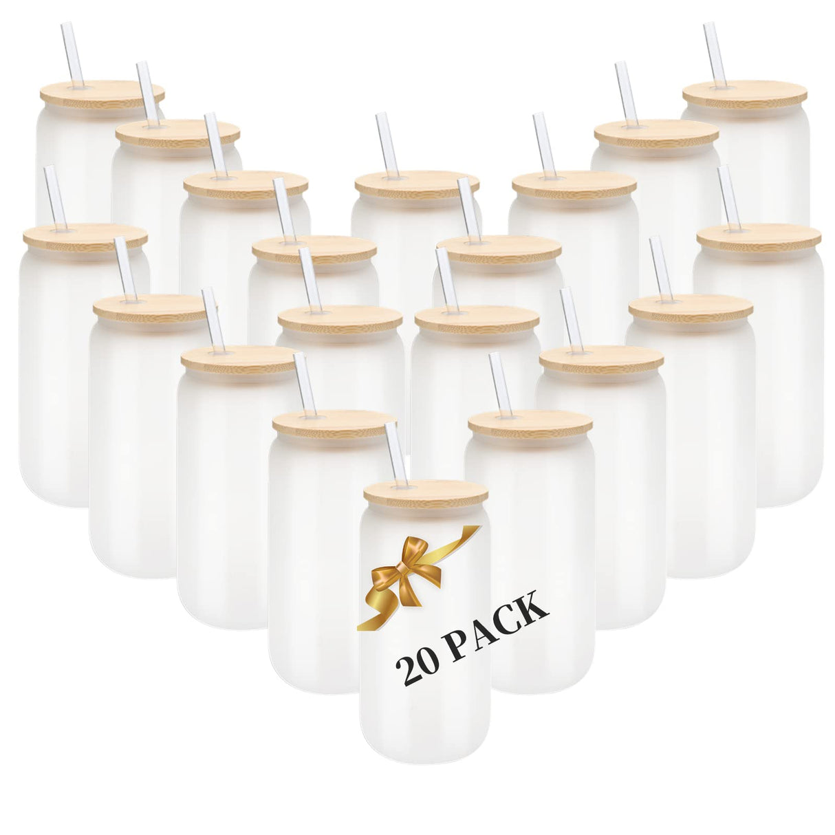 YOUKE OLA 20 Pack Sublimation Blank Beer Glass Cup Can Shaped Frosted with Bamboo Lids Borosilicate Glasses Tumbler Mason Jar Cups Mug with Glass Straw for Beer, Juice, Soda, Iced Coffee, Drinks 16oz YOUKE OLA