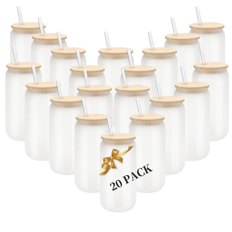 YOUKE OLA 20 Pack Sublimation Blank Beer Glass Cup Can Shaped Frosted with Bamboo Lids Borosilicate Glasses Tumbler Mason Jar Cups Mug with Glass Straw for Beer, Juice, Soda, Iced Coffee, Drinks 16oz YOUKE OLA