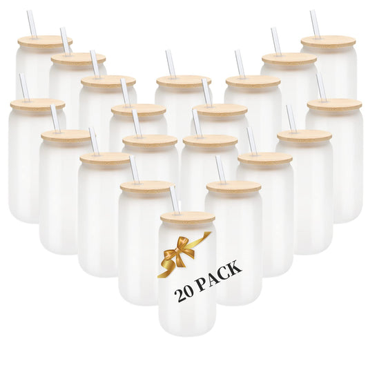 YOUKE OLA 20 Pack Sublimation Blank Beer Glass Cup Can Shaped Frosted with Bamboo Lids Borosilicate Glasses Tumbler Mason Jar Cups Mug with Glass Straw for Beer, Juice, Soda, Iced Coffee, Drinks 16oz