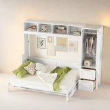 SOFTSEA Full Size Horizontal Murphy Bed, Full Murphy Bed with Desk & Storage Shelf, Wardrobe, Hideaway Wall Bed Frame with Closet and Drawers Space-Saving for Guest Room Bedroom or Office, White SOFTSEA