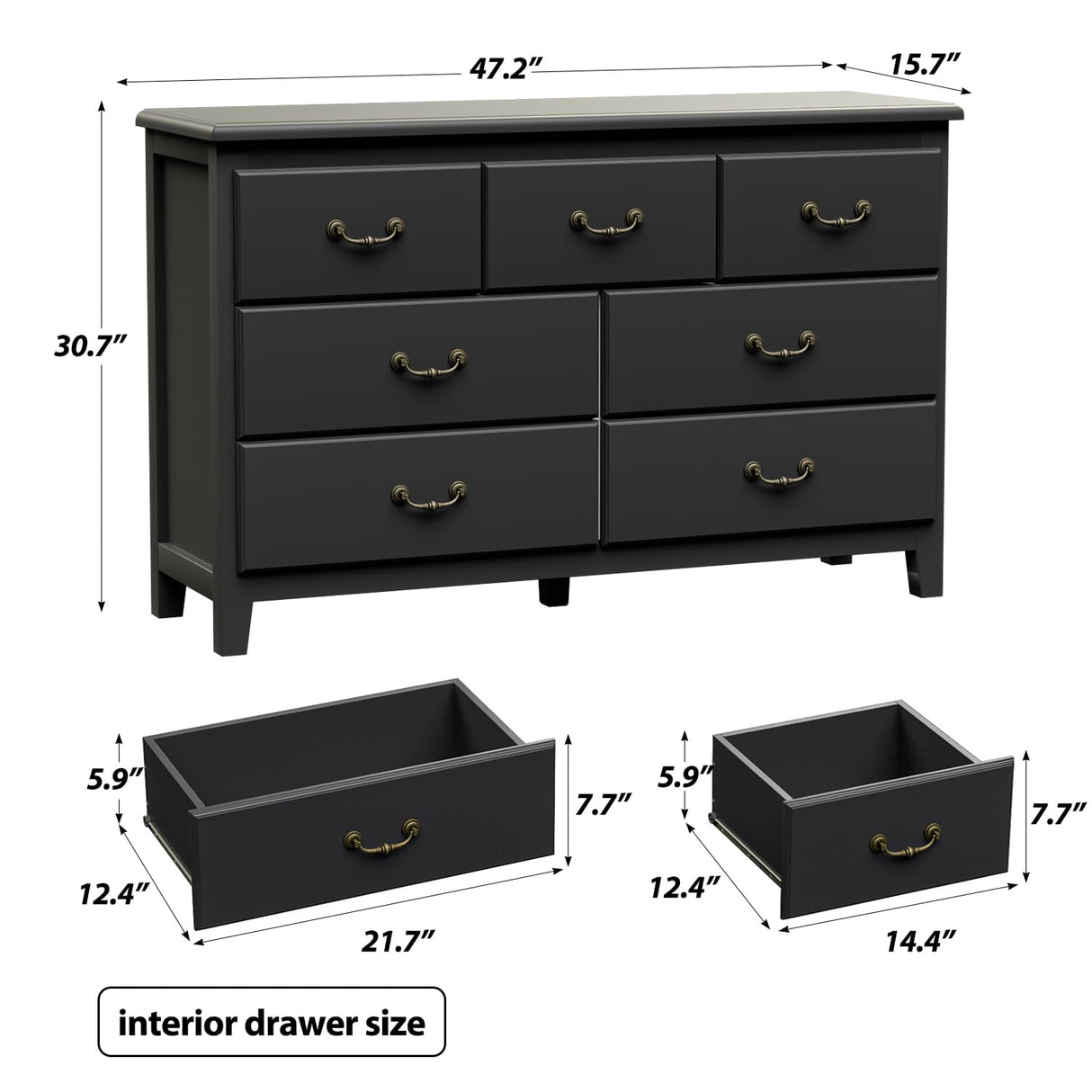 HOUROM Black Dresser for Bedroom, Modern Style 7 Drawer Double Dresser with Vintage Gold Antique Handles, Dresser and Chest of Drawers, Hallway 7 Drawer Dresser, Antique Black HOUROM