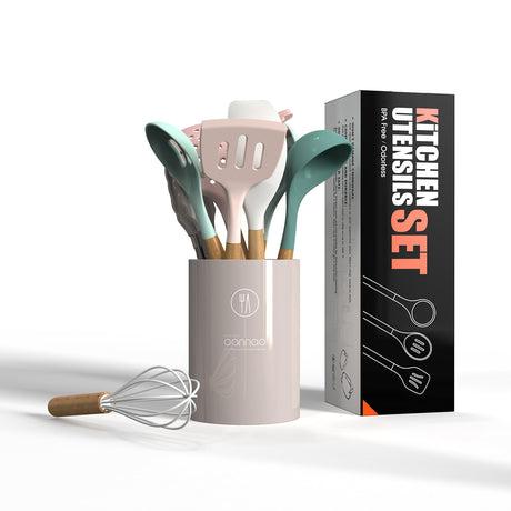 Silicone Cooking Utensils Set - 446°F Heat Resistant Silicone Kitchen Utensils for Cooking,Kitchen Utensil Spatula Set w Wooden Handles and Holder, BPA FREE Gadgets for Non-Stick Cookware (Colorful) oannao