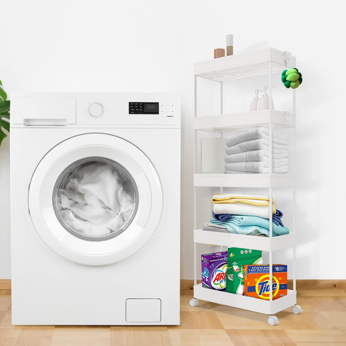 SPACEKEEPER 5-Tier Storage Cart Organizer Rolling Utility Cart, Mobile Shelving Unit Slide Out Storage Shelves for Kitchen Living Room Bathroom Laundry Room & Dressers, White SPACEKEEPER