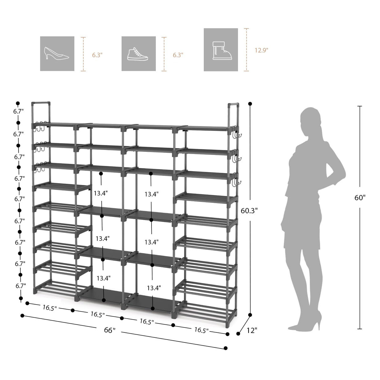 ROJASOP Large Shoe Rack Organizer for Entryway Closet 64-68 Pairs 9-Tier Heavy Duty Tall Garage Shoe Rack Shoe Shelf Shoes Storage with 18 Pcs Removable Side Hooks for Bedroom and Garage Grey ROJASOP
