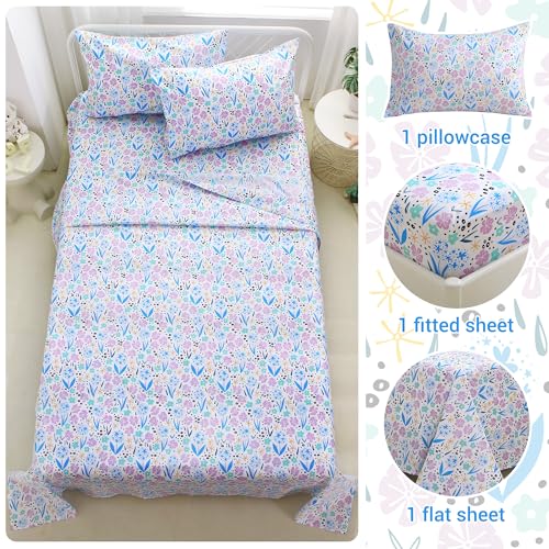 Viviland 3 Pieces Girls Purple Floral Twin Sheet Set - Soft Microfiber Fitted Flat Sheets & Pillowcase - Purple Colorful Flower Print Bedding Sets - for Kids & Toddlers Viviland