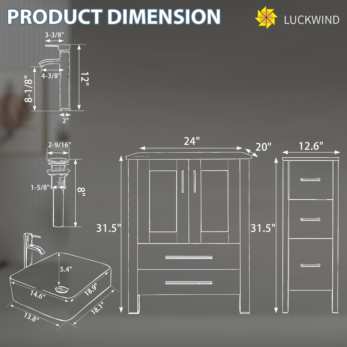 LUCKWIND 72" Double 24-in Bathroom Vanity with Sink Combo, Elegant Series with Two 12.6-in Side Cabinets, Painted Frame, Including White Rectangle Sinks, Faucets Without Mirrors, Black LUCKWIND