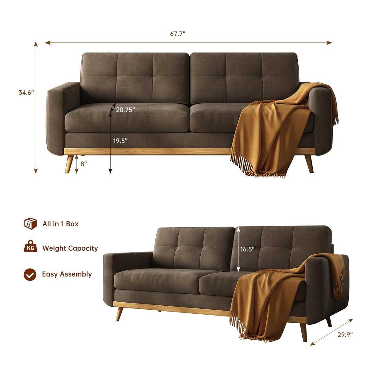67.7” Loveseat Sofa, Mid Century Modern Decor Love Seat Couches for Living Room, Button Tufted Upholstered Small Couch for Bedroom, Solid and Easy to Install Love Seats Furniture (Brown, 67.7inch) Generic